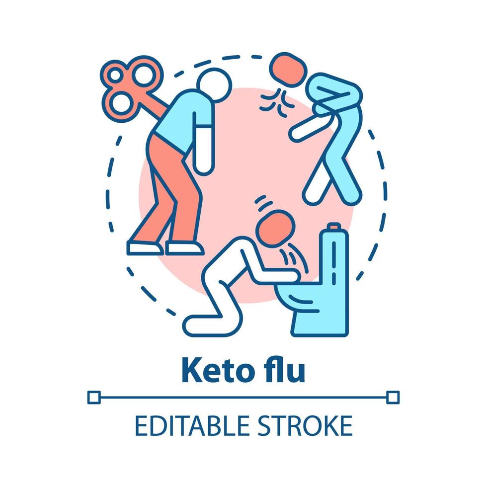 Keto flu concept icon. Ketogenic diet side effects idea thin line illustration. Carb withdrawal. Nausea, fatigue, pain. Disease symptoms. Vector isolated outline drawing. Editable stroke