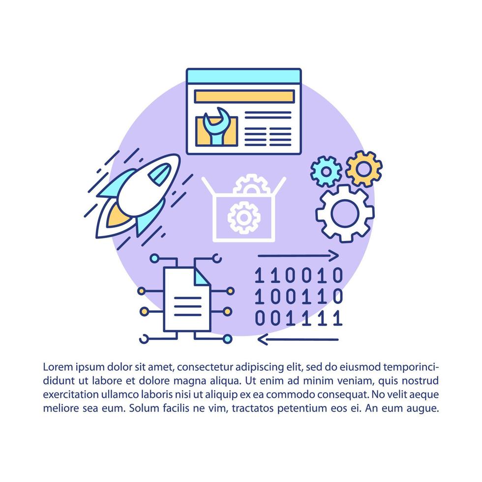 Web development article page vector template. Binary system. Software programming. Brochure, magazine, booklet design element, linear icons, text boxes. Print design. Concept illustration, text space
