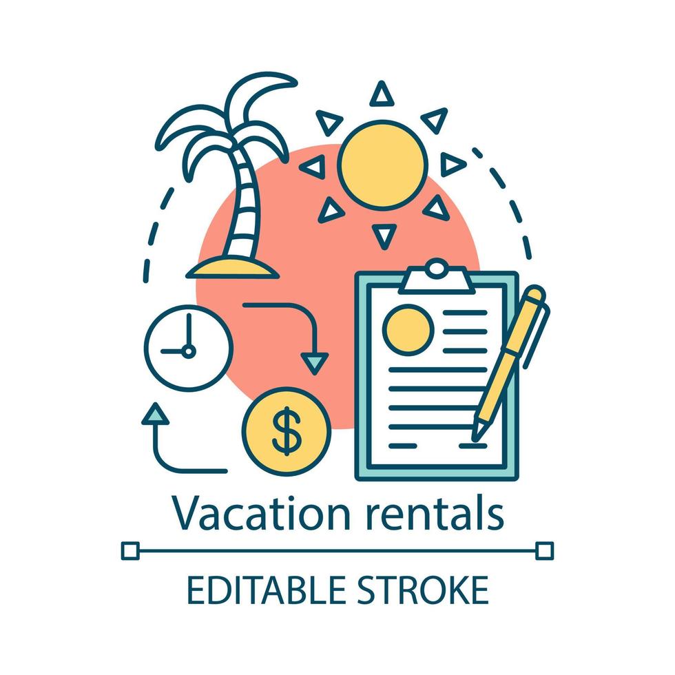 Vacation rentals concept icon. Apartment, cottage, beach house rent idea thin line illustration. Tropical vacation. Journey and travel planning. Vector isolated outline drawing. Editable stroke