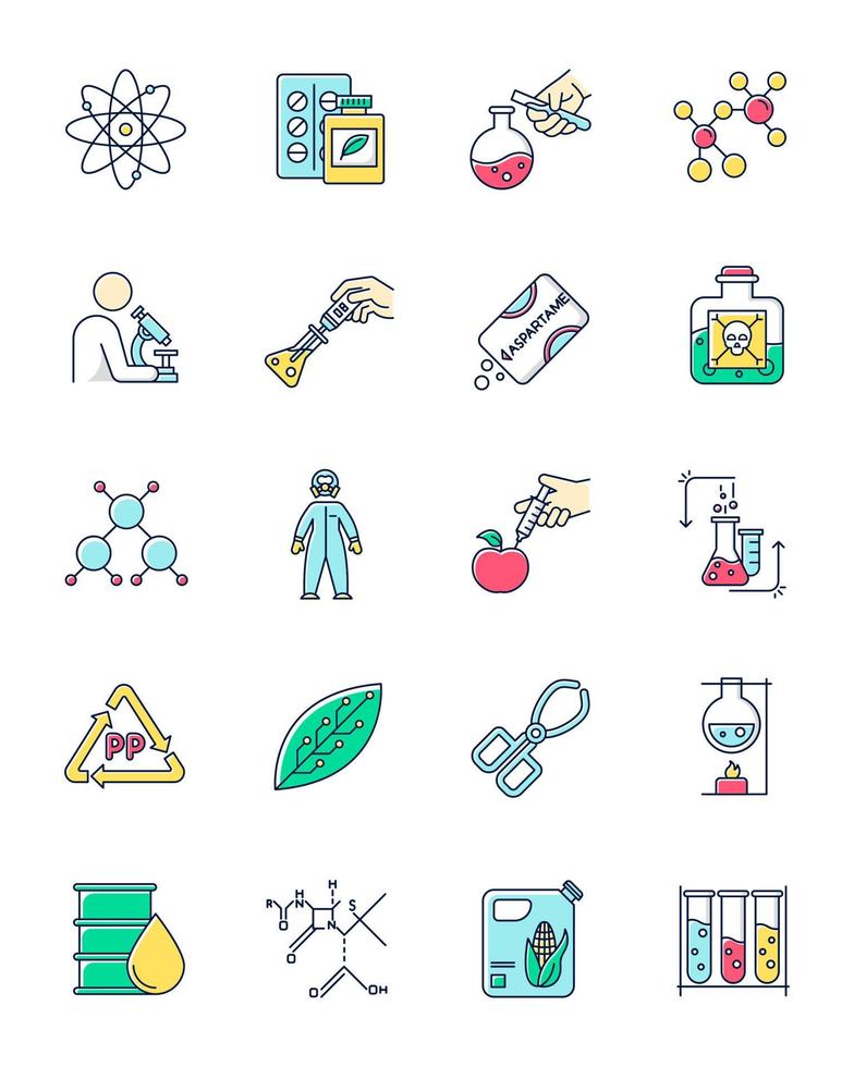 Science and nature interaction color icons set. Biotechnologies equipment. Experiment methodology. Working in laboratory. Products synthesis. Organic chemistry research. Isolated vector illustrations