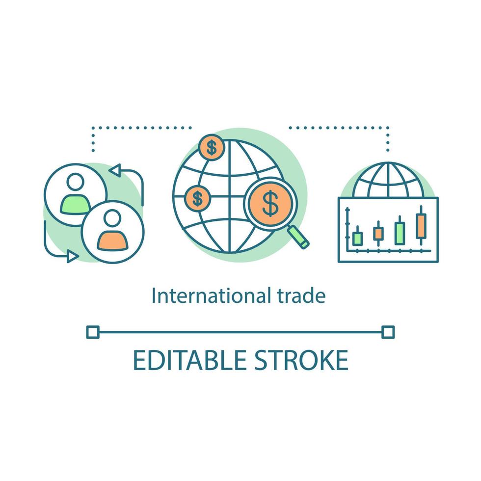 International trade concept icon. International relations idea thin line illustration. Global purchasing. Worldwide distribution. Trade statistics. Vector isolated outline drawing. Editable stroke