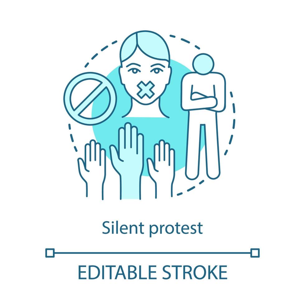 Silent protest concept icon. Civil disobedience, nonviolent resistance idea thin line illustration. Raised hands, stop sign, activist with taped mouth vector isolated outline drawing. Editable stroke