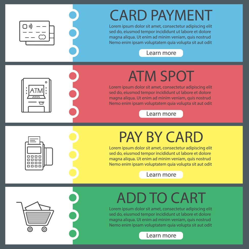 Supermarket banner templates set. Shopping cart, credit cards, pos terminal, atm machine. Website menu items with linear icons. Color web banner. Vector headers design concepts
