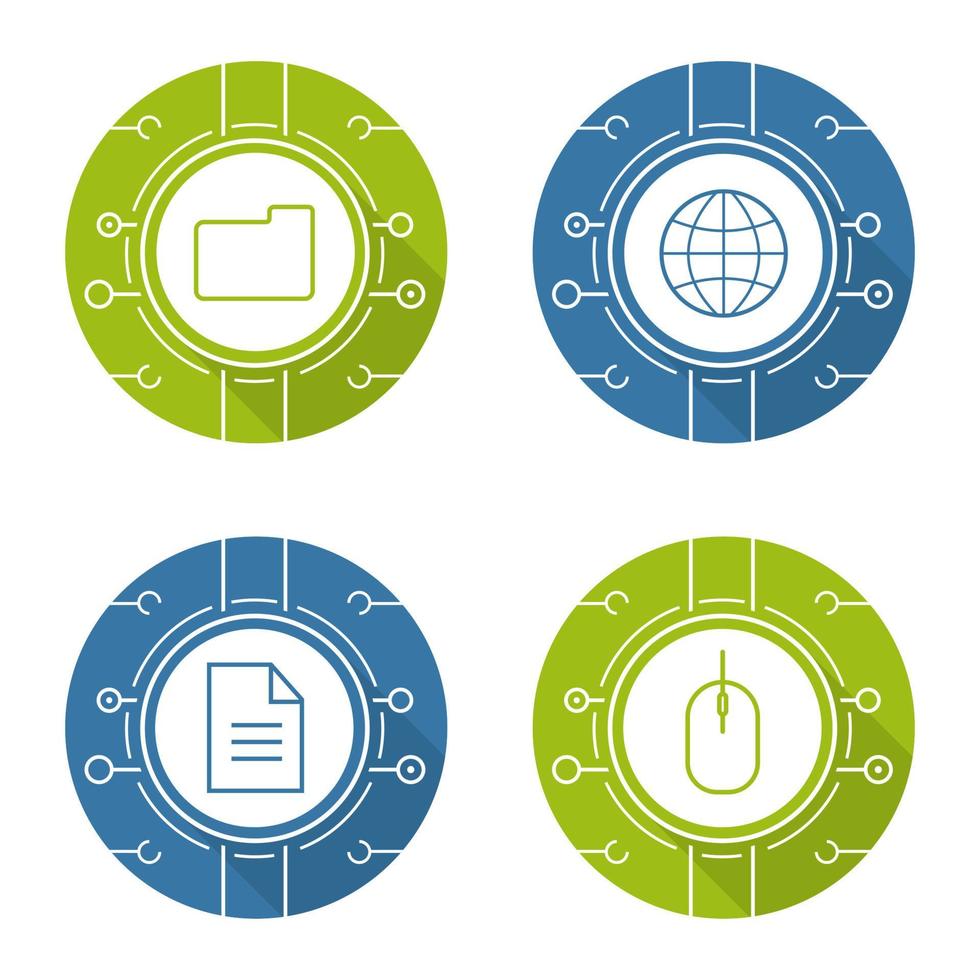 Conjunto de iconos de larga sombra de diseño plano de tecnología cibernética. computación en la nube. red mundial, almacenamiento digital, documento web, acceso a la red. ilustración de silueta de vector