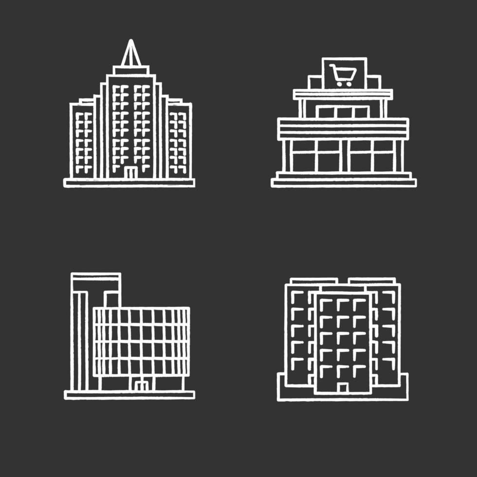 Conjunto de iconos de tiza de edificios de la ciudad. centro comercial, centro de negocios, rascacielos, edificio de varios pisos. ilustraciones de pizarra vector aislado