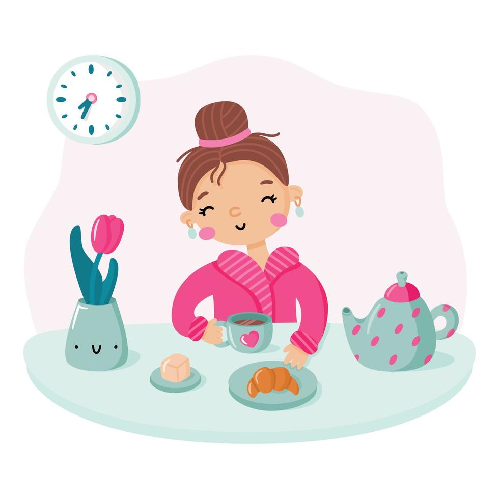 Morning routine flat vector illustration. Happy girl eating breakfast at home. Young woman sitting at the table and enjoying her meal. Concept of slow living.