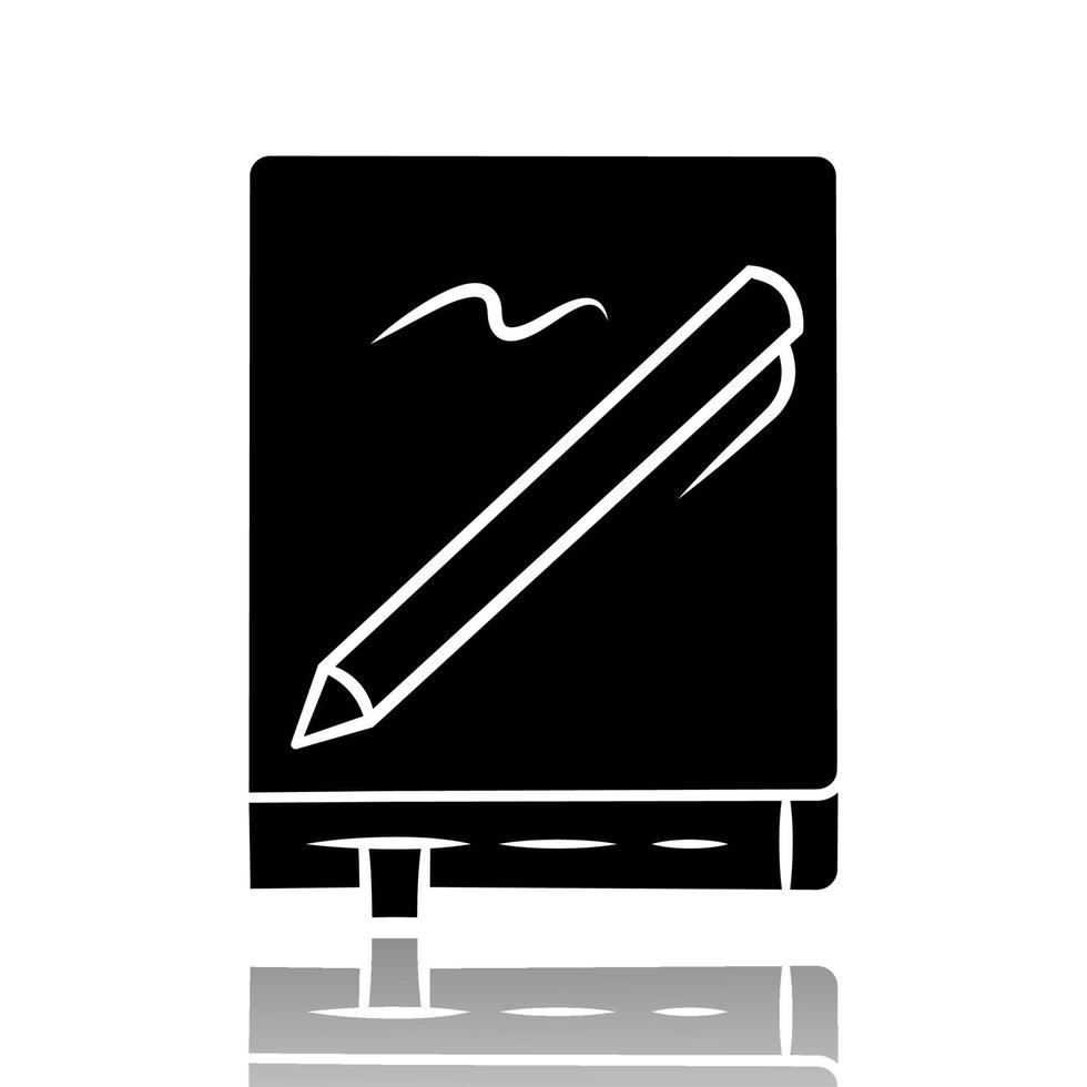 Notebook with pen drop shadow black glyph icon. Notepad, diary, stationary item. Taking notes, to do list organizer. Sketchpad, copybook, planner with bookmark. Isolated vector illustration