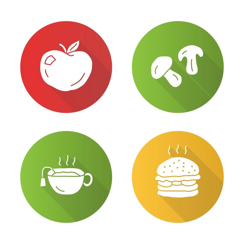 Delicious lunch flat design long shadow glyph icons set. Hot tea, ripe apple, burger and mushrooms vector silhouette illustration. Tasty breakfast, fast food and drink. Healthy and harmful nutrition
