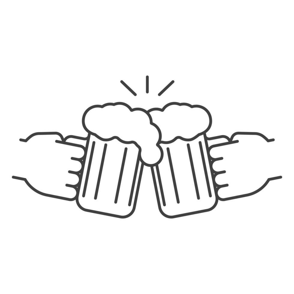 Cheers linear icon. Thin line illustration. Hands holding toasting beer glasses. Contour symbol. Vector isolated outline drawing