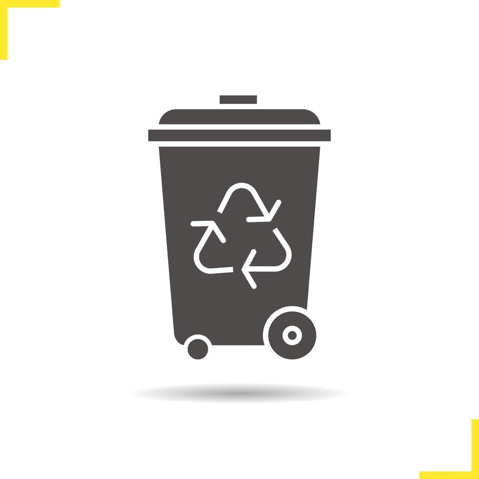Recycle bin icon. Drop shadow silhouette symbol. Dustbin on wheels. Wastebasket. Negative space. Vector isolated illustration