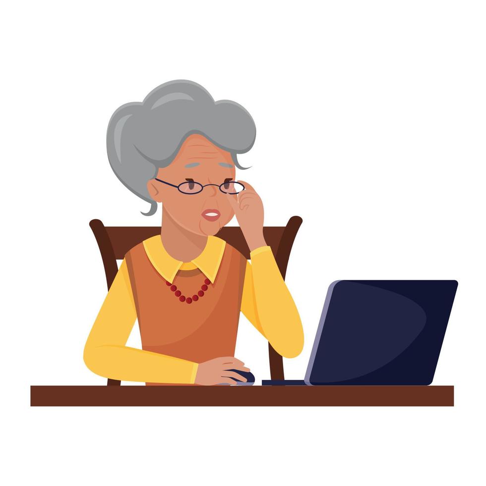 A gray-haired elderly woman is carefully reading something on the laptop screen. The concept of using a computer by elderly people in retirement. The employee works remotely, freelance, teaches. vector