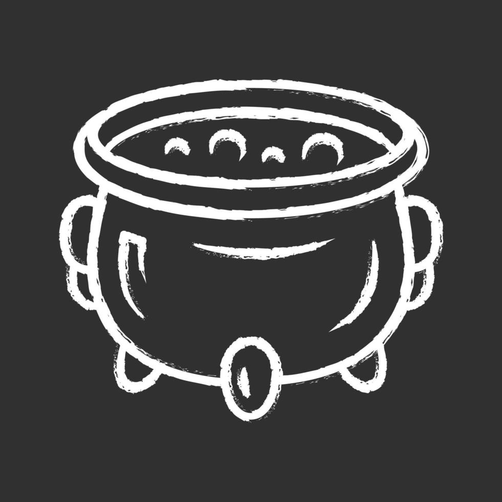 Witch cauldron chalk icon. Brew potion. Wicked witchcraft and sorcery. Witch soup. Iron pot, boiler with boiling magical poison, liquid. Halloween wizard item. Isolated vector chalkboard illustration