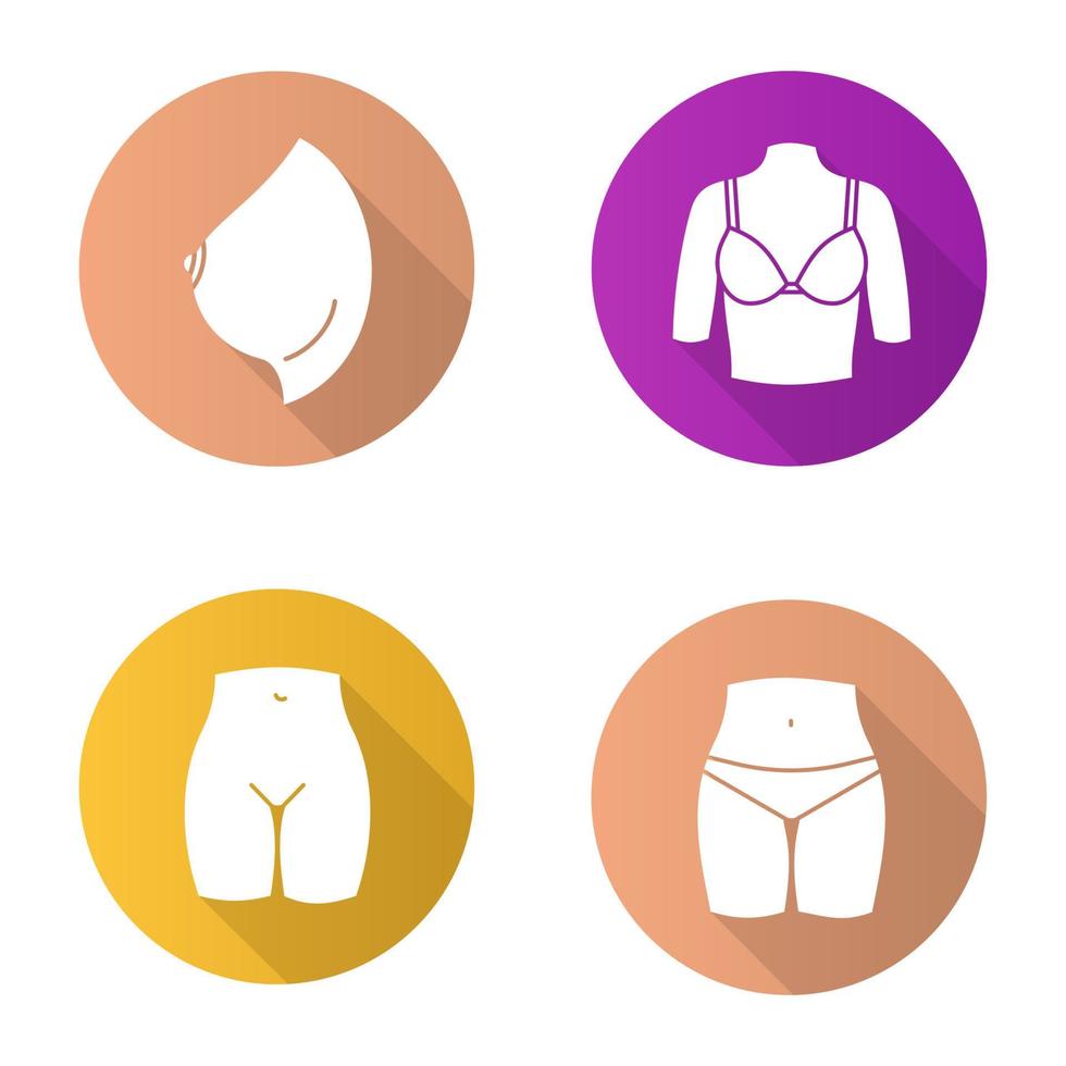 Female body parts flat design long shadow glyph icons set. Woman's breast and bikini zone. Vector silhouette illustration