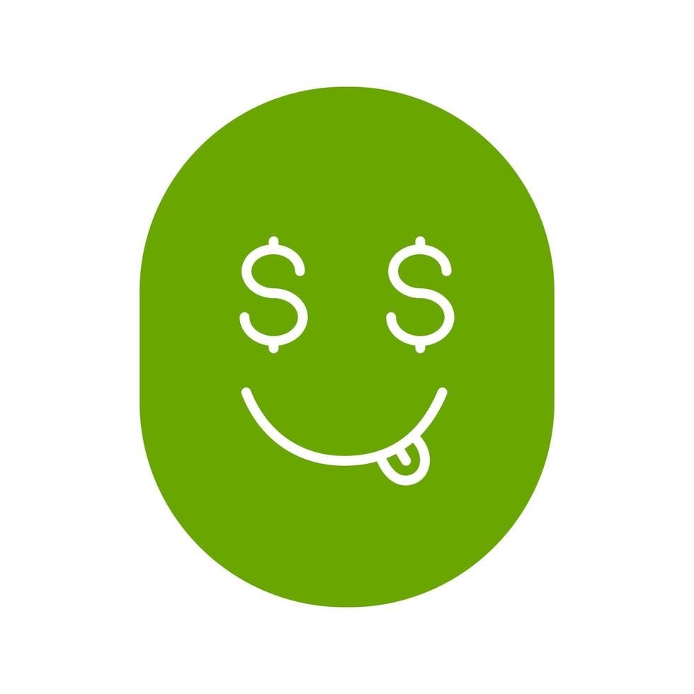 Yummy dollar emoji glyph icon. Silhouette symbol. Greedy smiley. Negative space. Vector isolated illustration