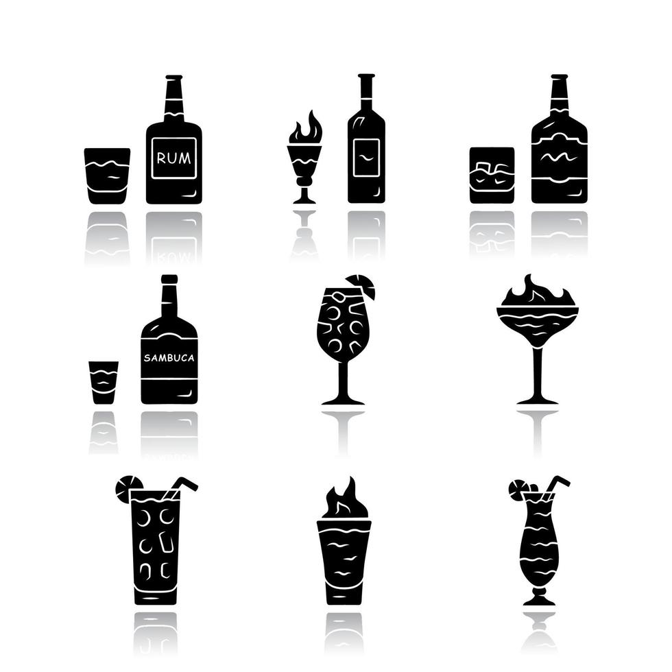 Drinks drop shadow black glyph icons set. Rum, absinthe, whiskey, sambuca, sangria, hurricane, flaming cocktail and shot, highball glass. Alcoholic beverages for party. Isolated vector illustrations