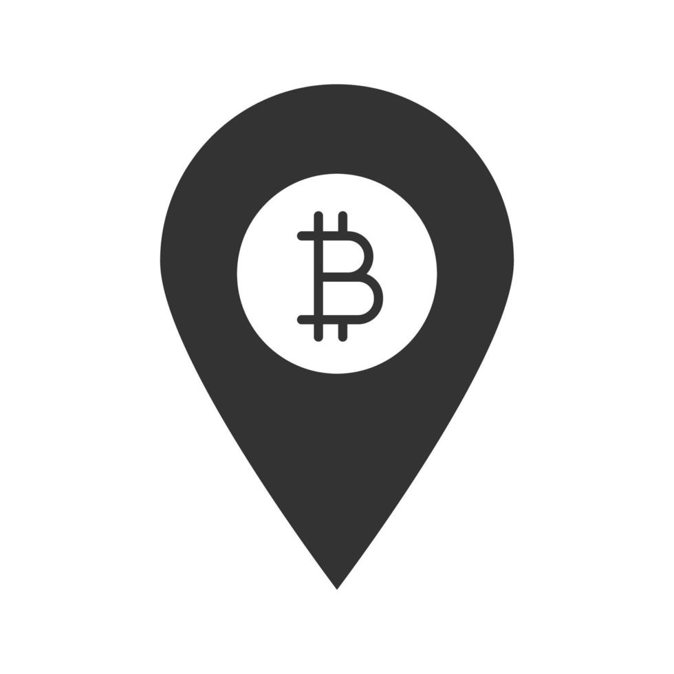 Bitcoin ATM location glyph icon. Silhouette symbol. Pinpoint with bitcoin sign. Negative space. Vector isolated illustration