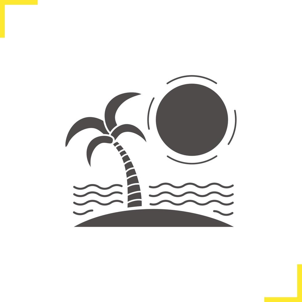 icono de isla tropical. símbolo de la silueta de las vacaciones de la orilla del mar. isla con sol, olas y palmera. espacio negativo. vector ilustración aislada
