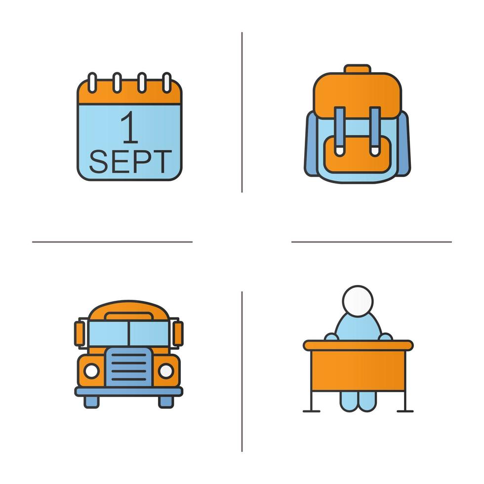 School and education color icons set. September 1st date, school bus, student's rucksack, pupil sitting at desk. Isolated vector illustrations