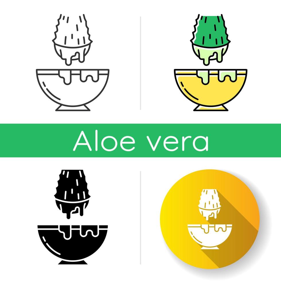 Cut aloe vera sprout icon. Medicinal herb extract in bowl. Organic plant liquid dropping in jar. Cosmetic product production. Linear black and RGB color styles. Isolated vector illustrations