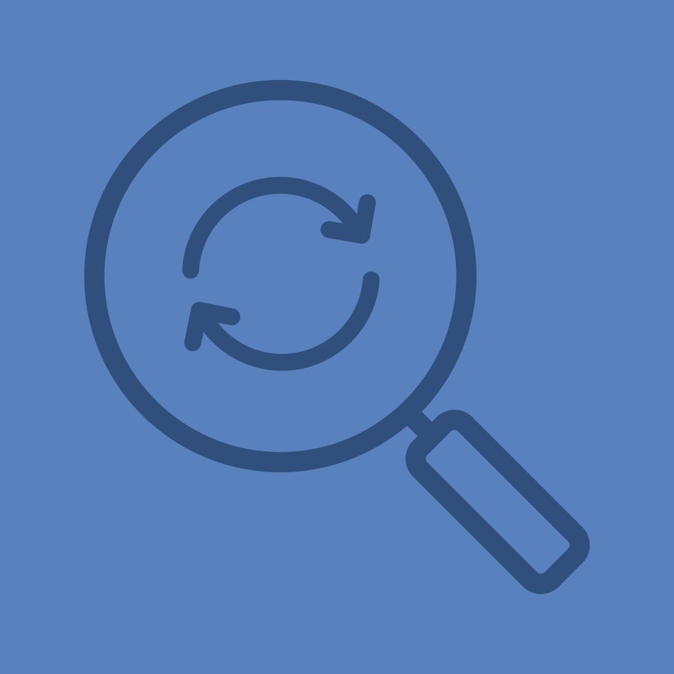 Refresh search linear icon. Magnifying glass with recycle arrows. Thick line outline symbols on color background. Vector illustration