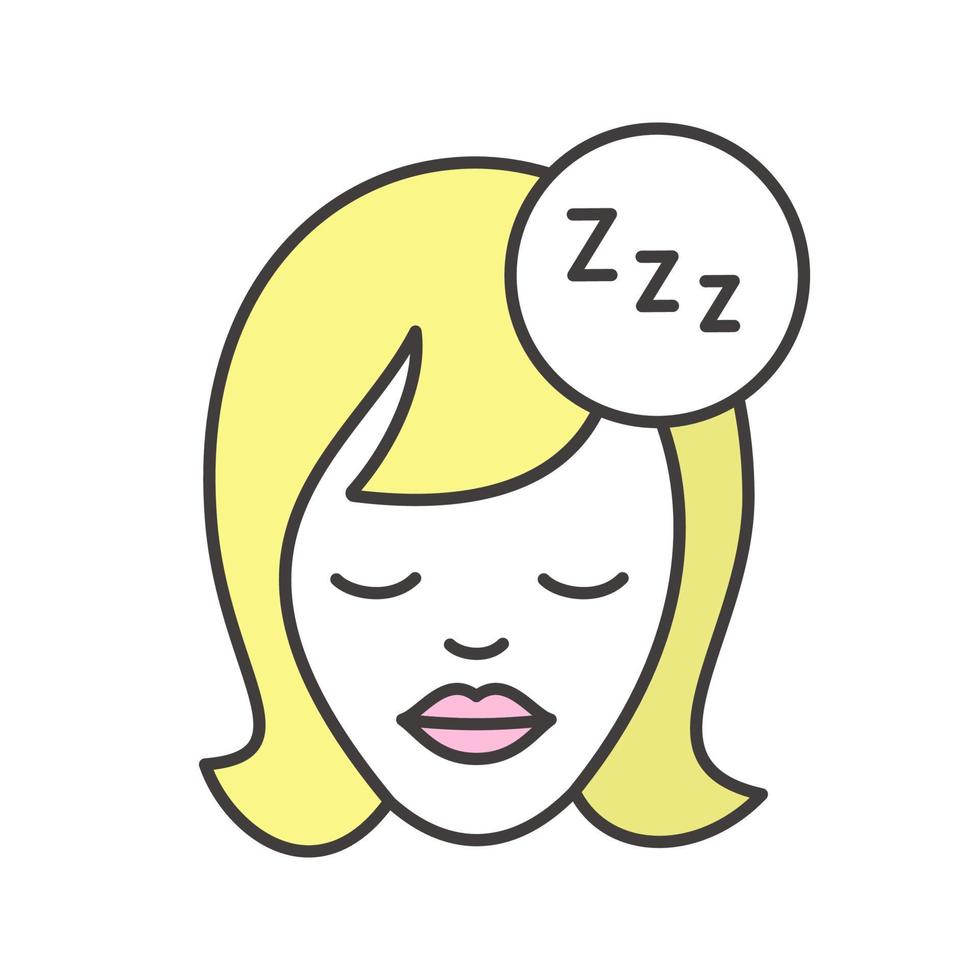 icono de color de mujer dormida. chica con los ojos cerrados y el signo zzz. ilustración vectorial aislada vector