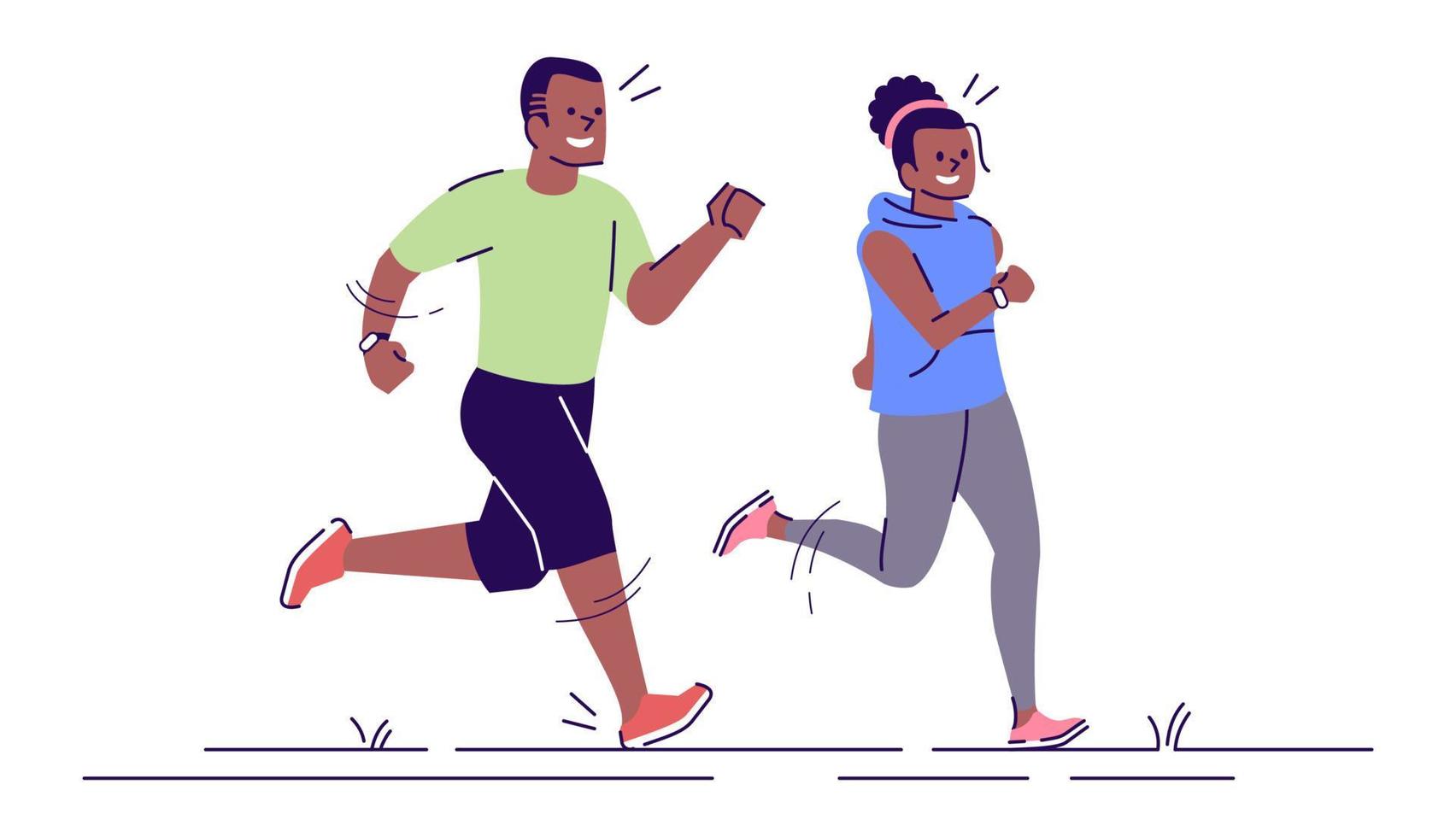 Man and woman on running training flat vector illustration. Sport activity. Jogging couple. Sprinting african american boy, girl isolated cartoon characters with outline elements on white background