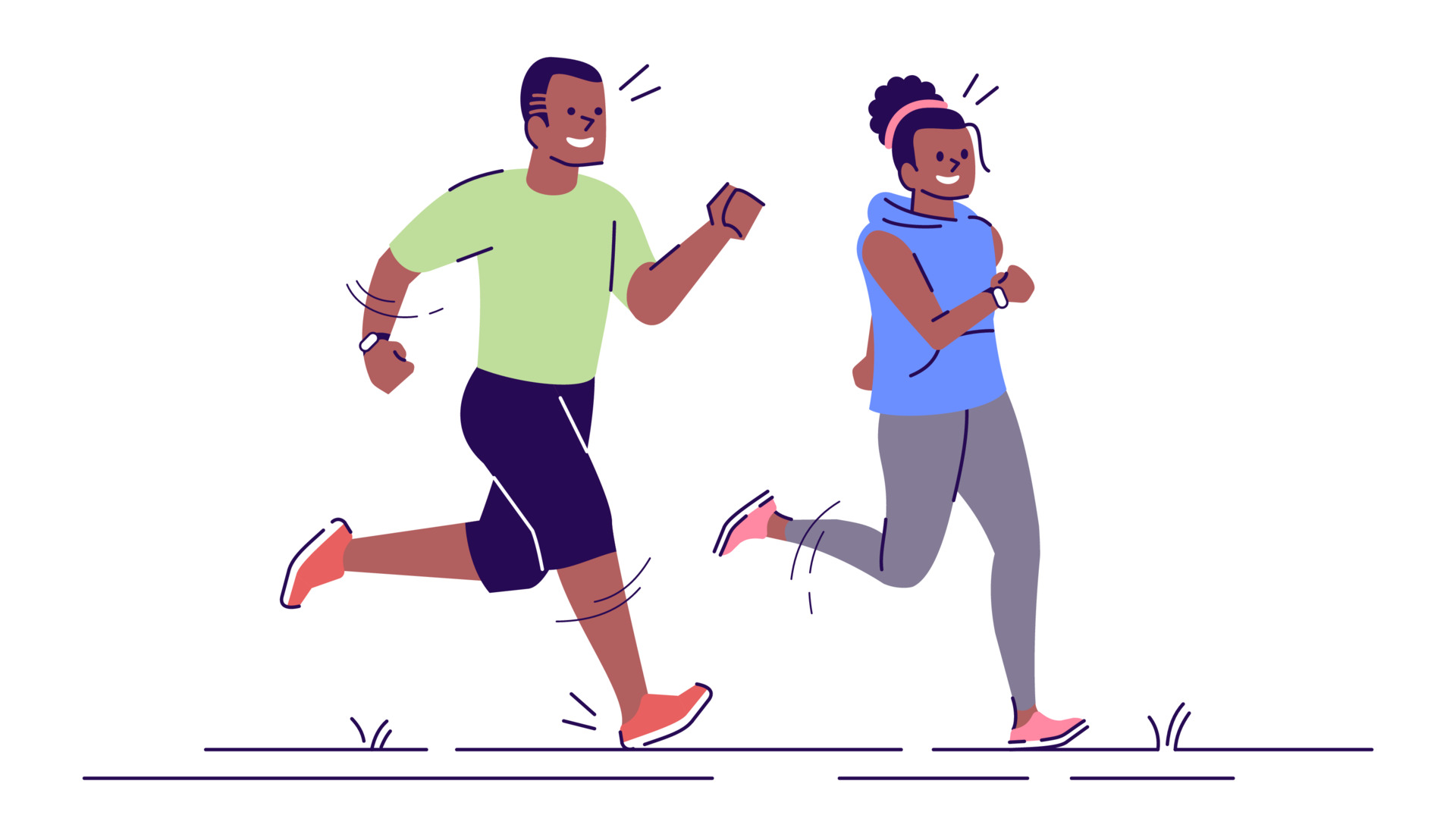Man and woman on running training flat vector illustration. Sport