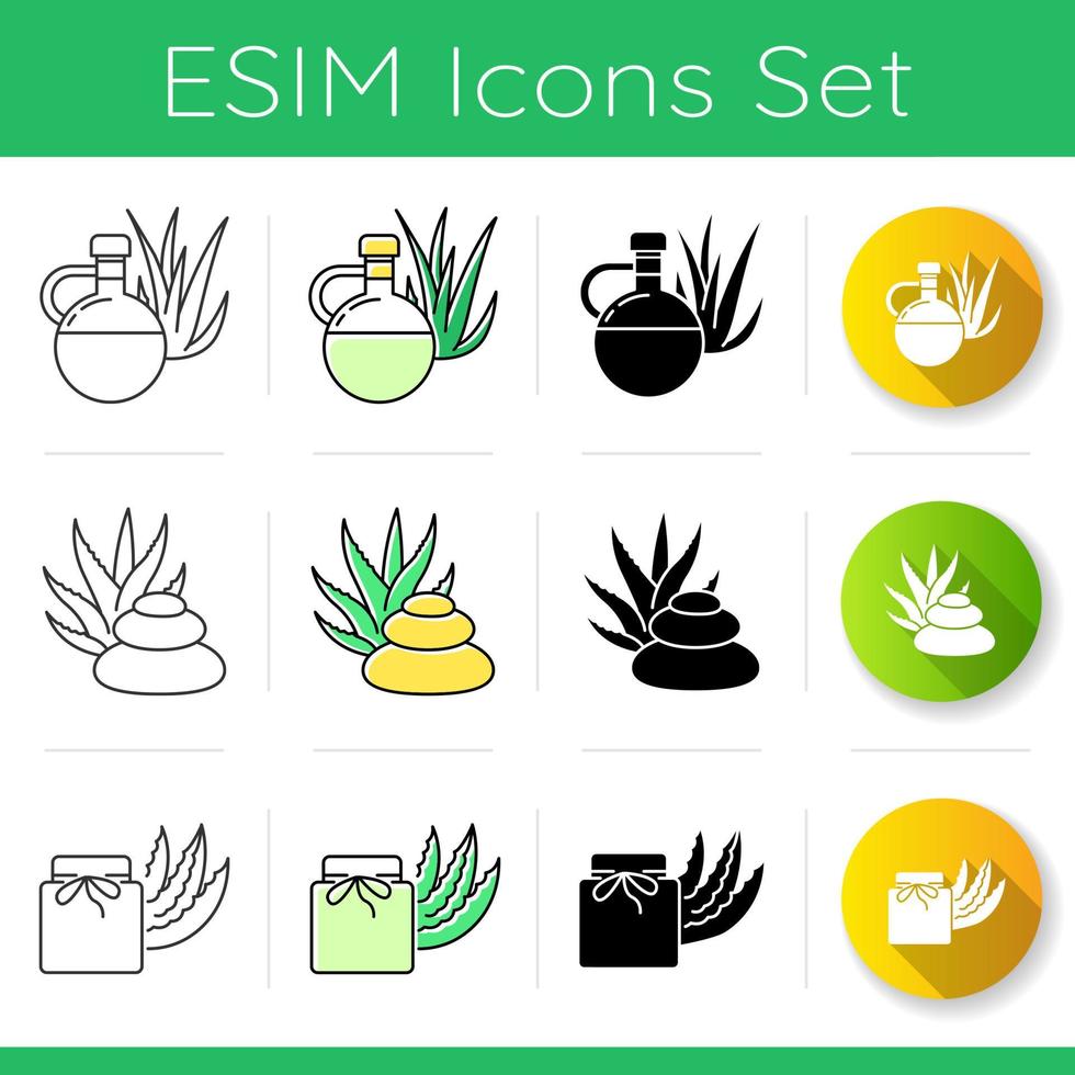 Aloe vera icons set. Spa treatment. Medicinal herbs. Natural cream and organic lotion. Organic antioxidant. Moisturizing extract. Linear, black and RGB color styles. Isolated vector illustrations