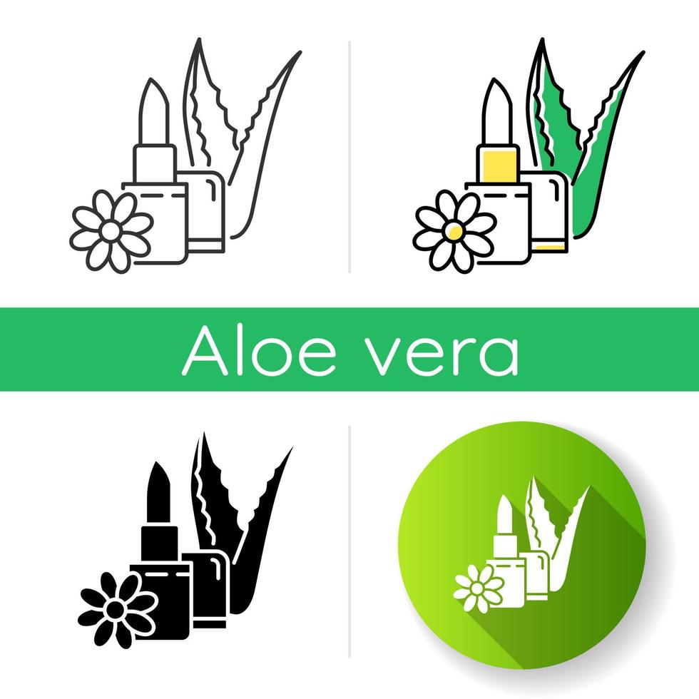 icono de cuidado de los labios vegano. bálsamo labial orgánico. pintalabios natural con aloe vera. cosmético con hierbas y flores. dermatología y cuidado de la piel. Estilos lineales de color negro y rgb. ilustraciones vectoriales aisladas vector