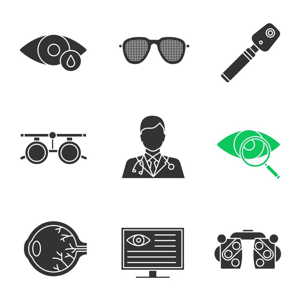 Ophtalmology glyph icons set vector