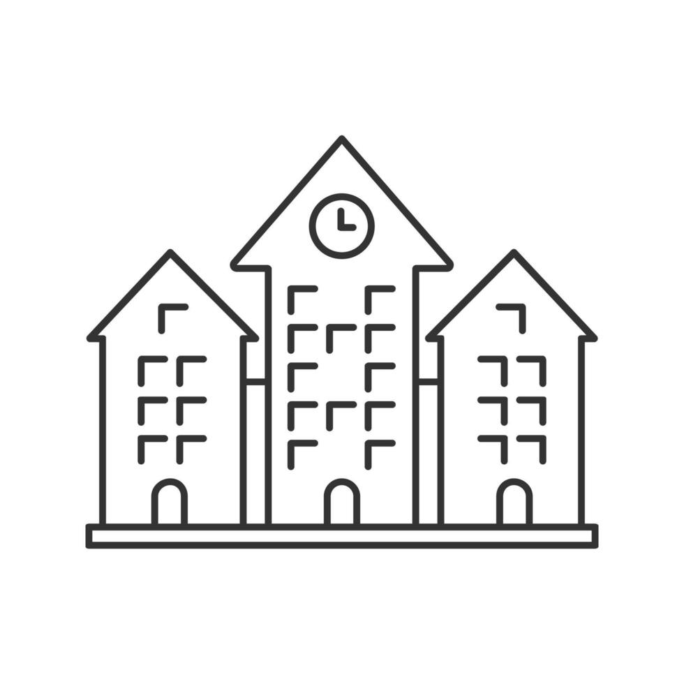 Town hall linear icon. Thin line illustration. Building with clock. School, college, university. Contour symbol. Vector isolated outline drawing