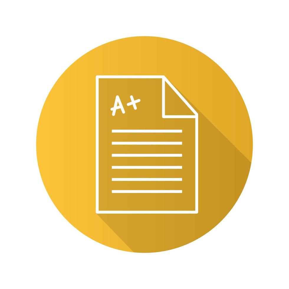 Test paper with excellent mark. Flat linear long shadow icon. Vector outline symbol