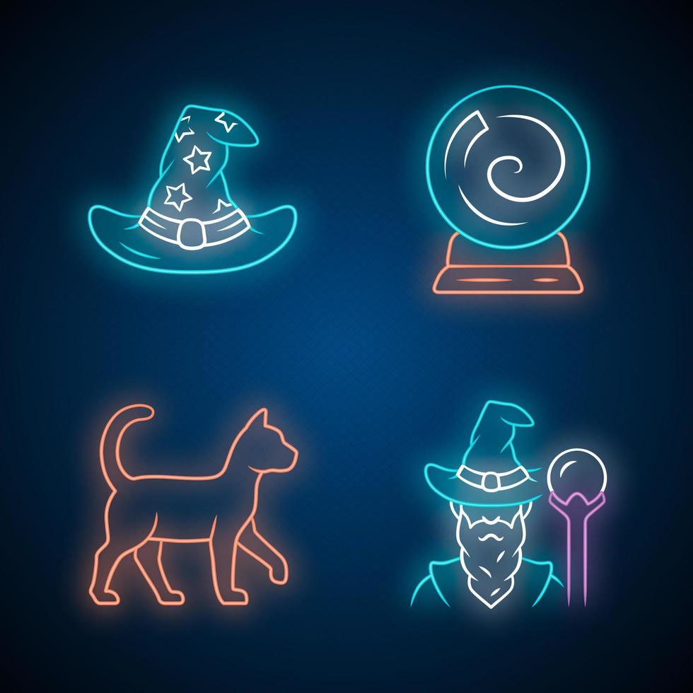 Magic neon light icons set. Wizard hat, fortune telling crystal ball, witch cat, magician. Witchcraft, sorcery mystic items. Halloween symbols. Glowing signs. Vector isolated illustrations