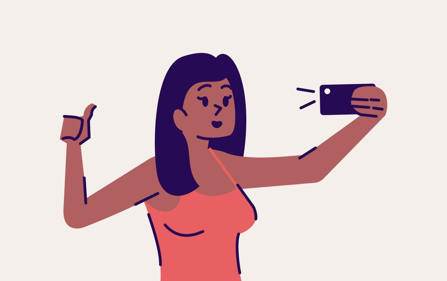 selfie pose ilustración vectorial plana. mujer tomando una foto del uno mismo. niña sonriente mostrando el pulgar hacia arriba para el retrato en la cámara del teléfono inteligente. Fotografía de teléfono móvil personaje de dibujos animados aislado sobre fondo gris vector