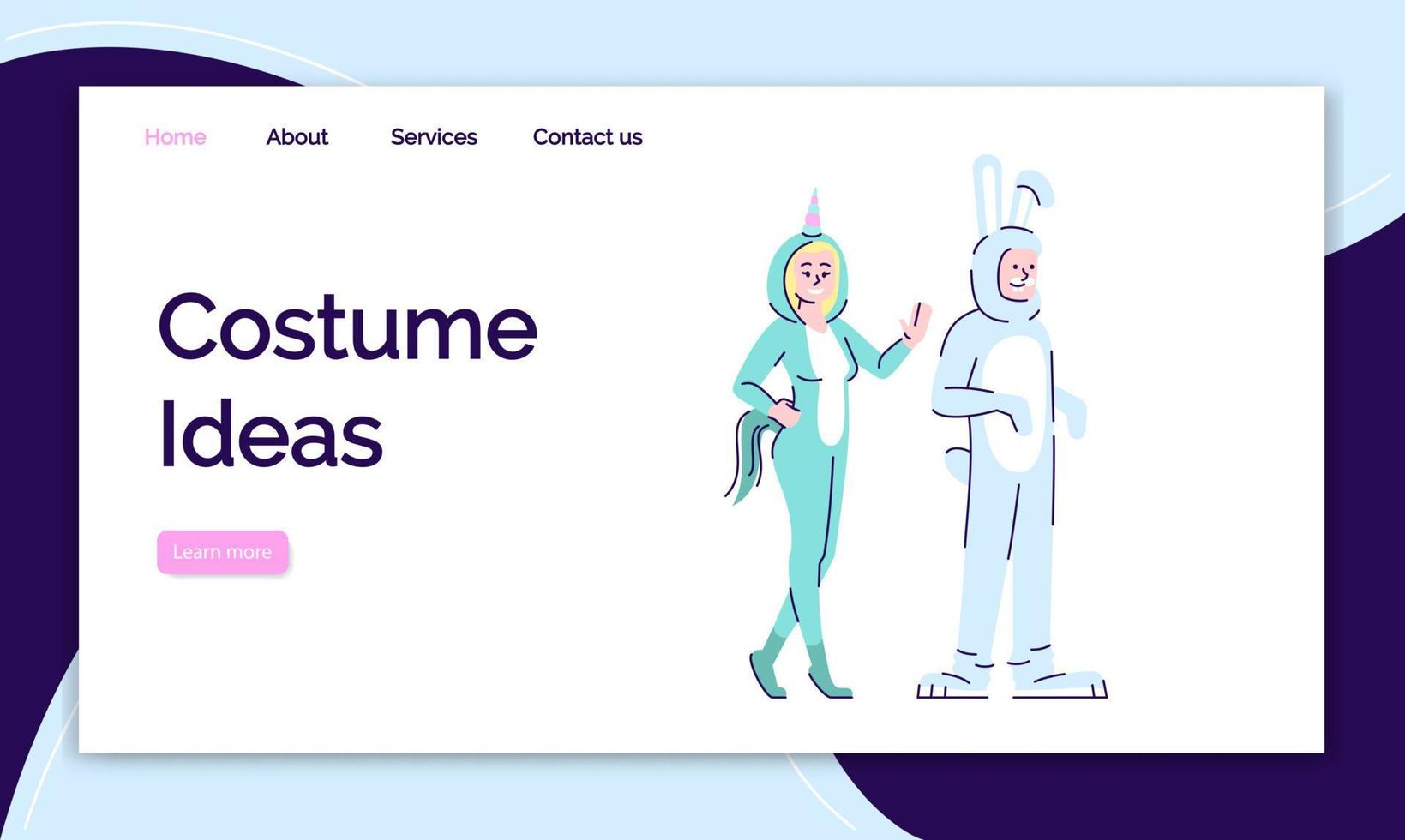 Costume ideas landing page vector template. Holiday clothing website interface idea with flat illustrations. Fabulous costumes homepage layout. Animal suits web banner, webpage cartoon concept