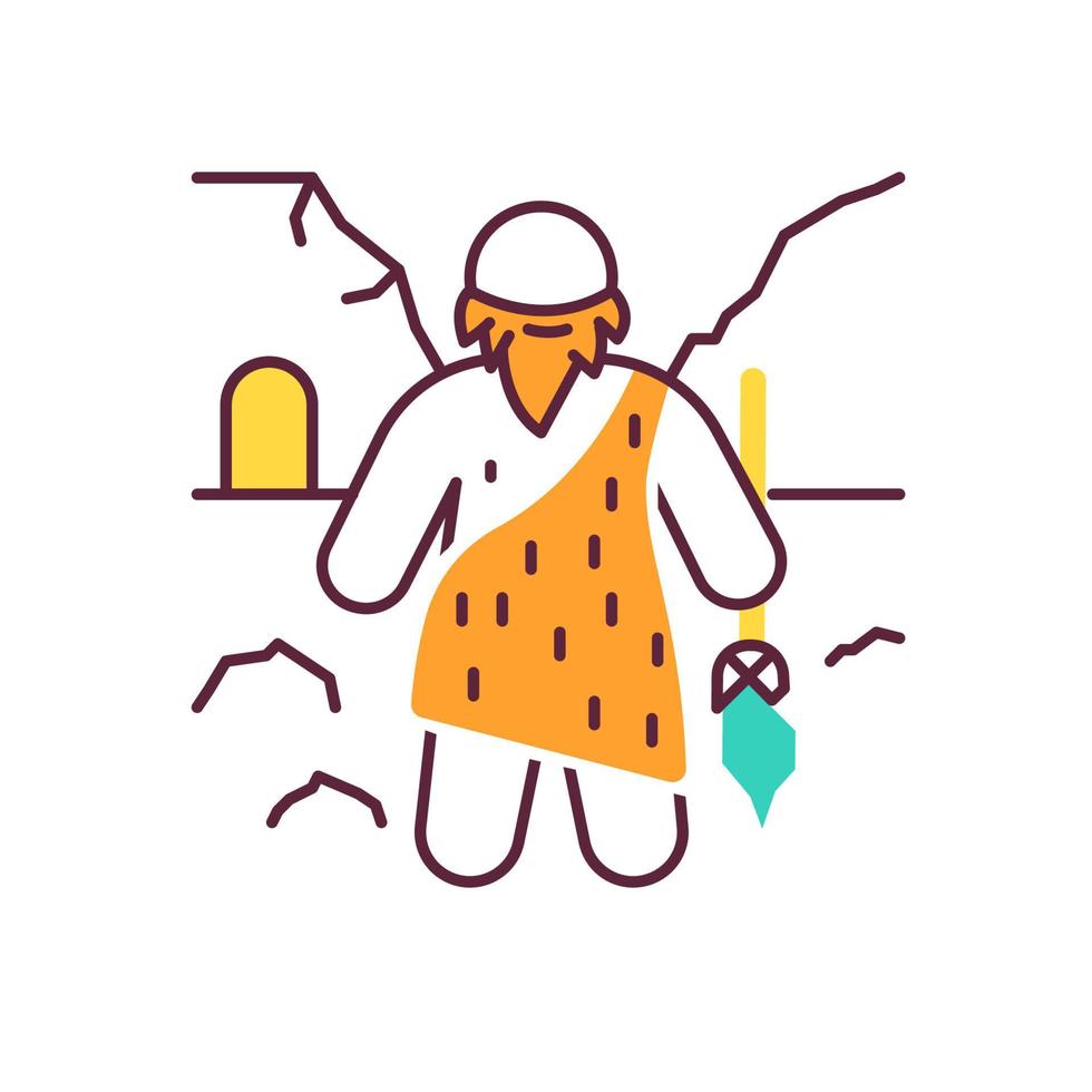 Caveman color icon. Prehistoric man with beard. Primeval hunter with spear. Neanderthal in old age. Ancestor standing with weapon. Ancient history. Man near house ruins. Isolated vector illustration