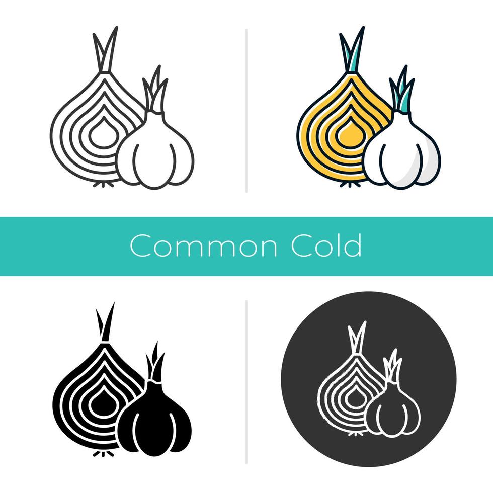 Onion and garlic icon. Nutrition vegan food. Sliced vegetable. Cut bulbe. Common cold aid. Healthcare. Flu cure. Grippe help. Flat design, linear and color styles. Isolated vector illustrations