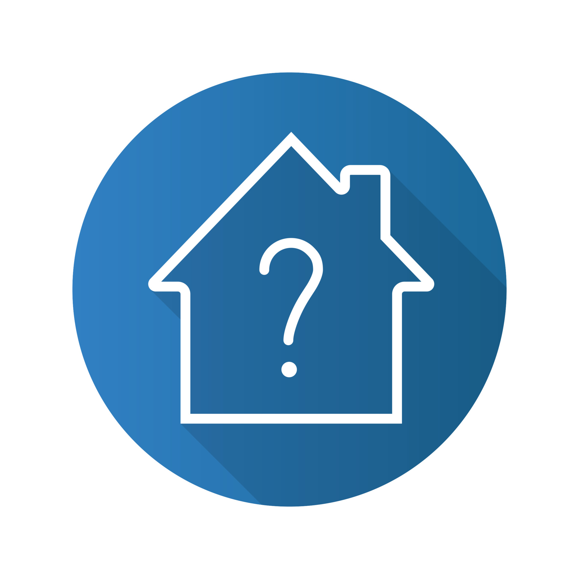 Housing problems flat linear long shadow icon. House with question mark