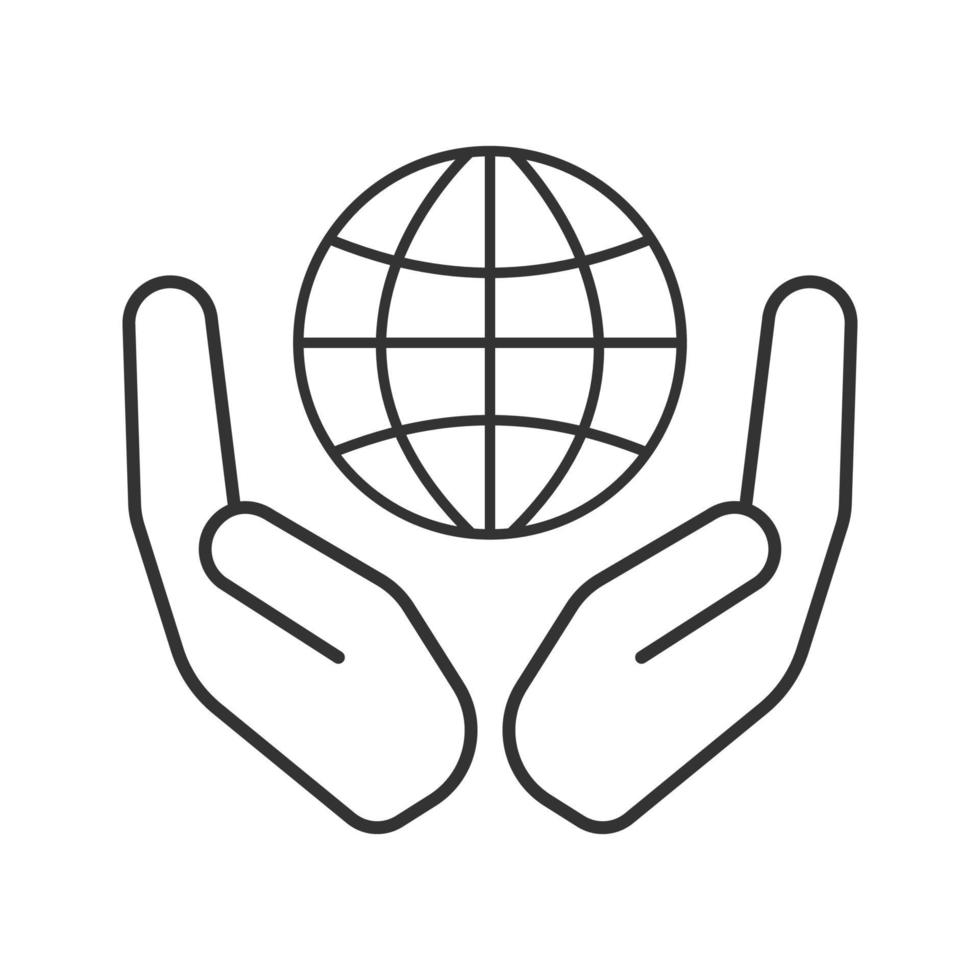 Open palms with globe linear icon. World care. Thin line illustration. Global problems solving. Contour symbol. Vector isolated outline drawing