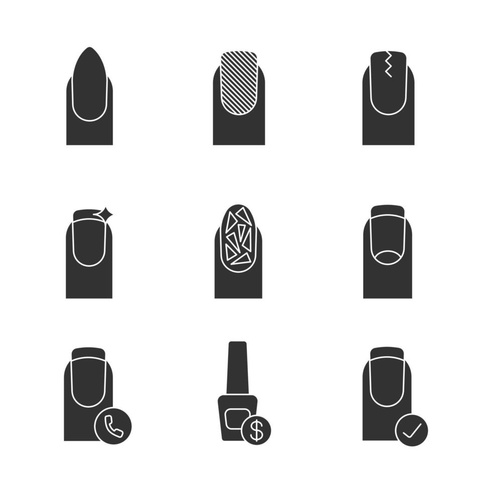 Conjunto de iconos de glifo de manicura. en forma de almendra, mate, vidrios rotos, manicura francesa, uña agrietada, llamar a salón de manicura. símbolos de silueta. vector ilustración aislada