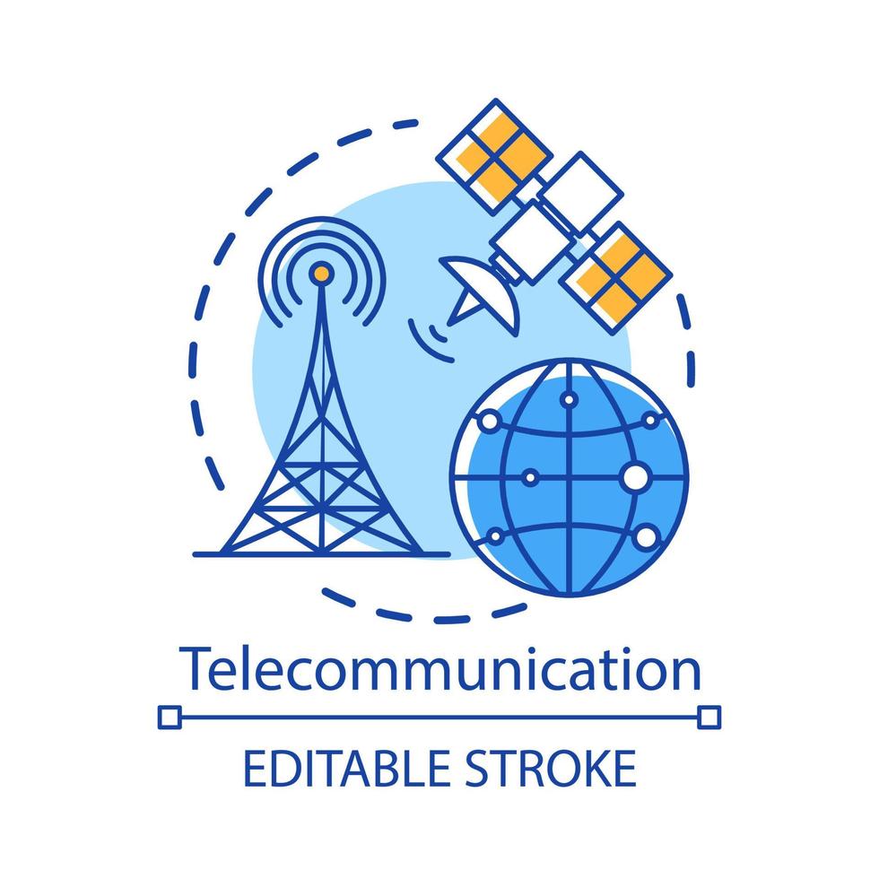 Telecommunication concept icon. Overall wireless network. Satellite connection. Global communication system idea thin line illustration. Vector isolated outline drawing. Editable stroke