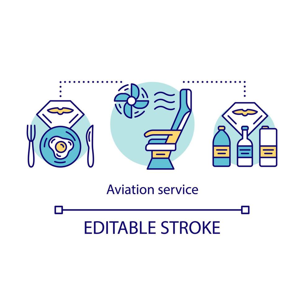 Aviation service and amenities concept icon. Flight breakfast, drinks idea thin line illustration. Airplane seat. Plane conditioning system. Vector isolated outline drawing. Editable stroke