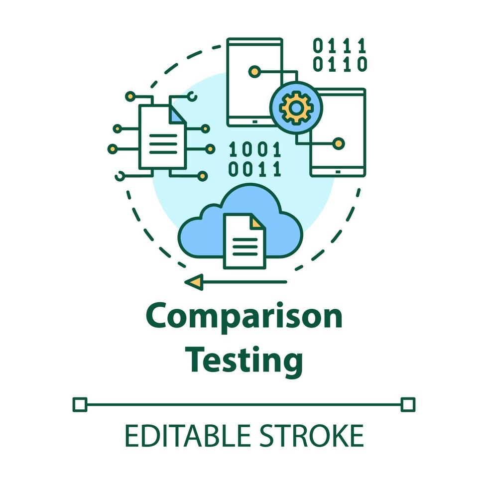 Comparison testing concept icon. Software development stage idea thin line illustration. Verify weakness and strength of IT project. App programming. Vector isolated outline drawing. Editable stroke