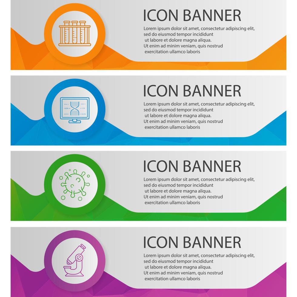 Bio laboratory banner templates set. Virus cell, lab test tubes, microscope, dna research website menu items with linear icons. Color polygonal web banner concepts. Vector backgrounds