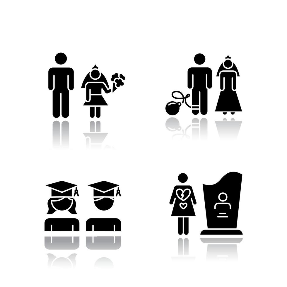 Conjunto de iconos de glifos negros de sombra paralela de igualdad de género. matrimonio infantil. igualdad educativa. relación de pareja. matrimonio forzado. graduado de la Universidad. mortalidad maternal. ilustraciones vectoriales aisladas vector