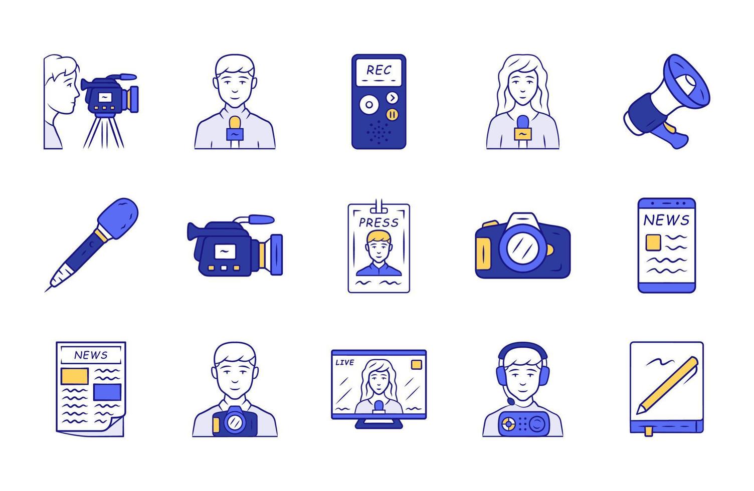 Mass media blue color icons set. Press. Television, radio broadcasting. Taking an interview, photographing events. News recording and filming, announcements. Isolated vector illustrations