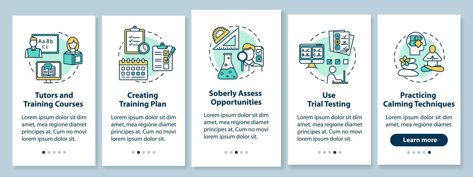 University entrance onboarding mobile app page screen with linear concepts. Tutors and courses. Five walkthrough steps graphic instructions. UX, UI, GUI vector template with illustrations