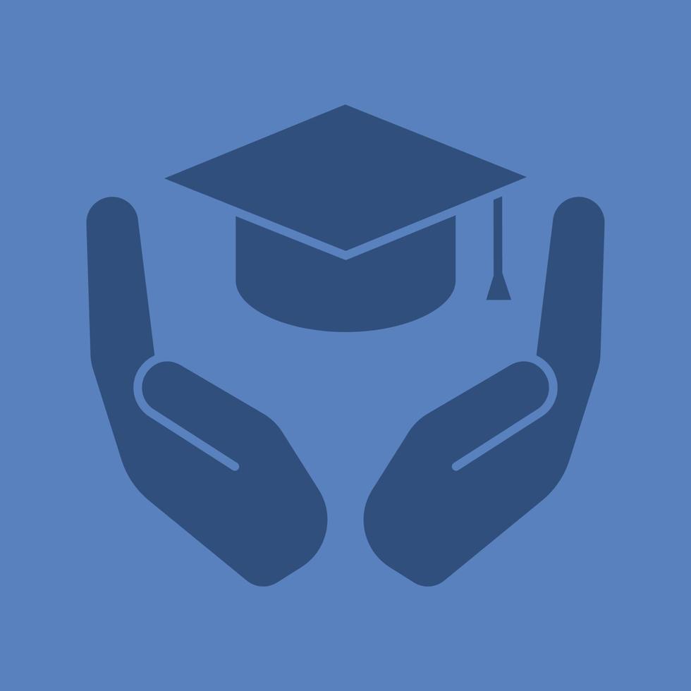 Open palms with graduation cap glyph color icon. Accessible education. Silhouette symbol. Getting diploma. Negative space. Vector isolated illustration