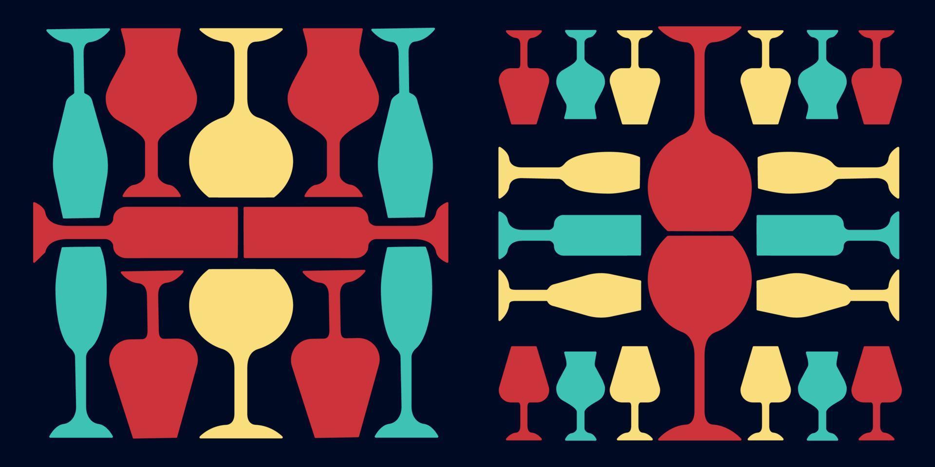 Glassware red, yellow and turquoise color icons set. Restaurant service. Alcohol bar. Port and madeira glasses. Wineglasses on dark blue background. Isolated vector illustrations