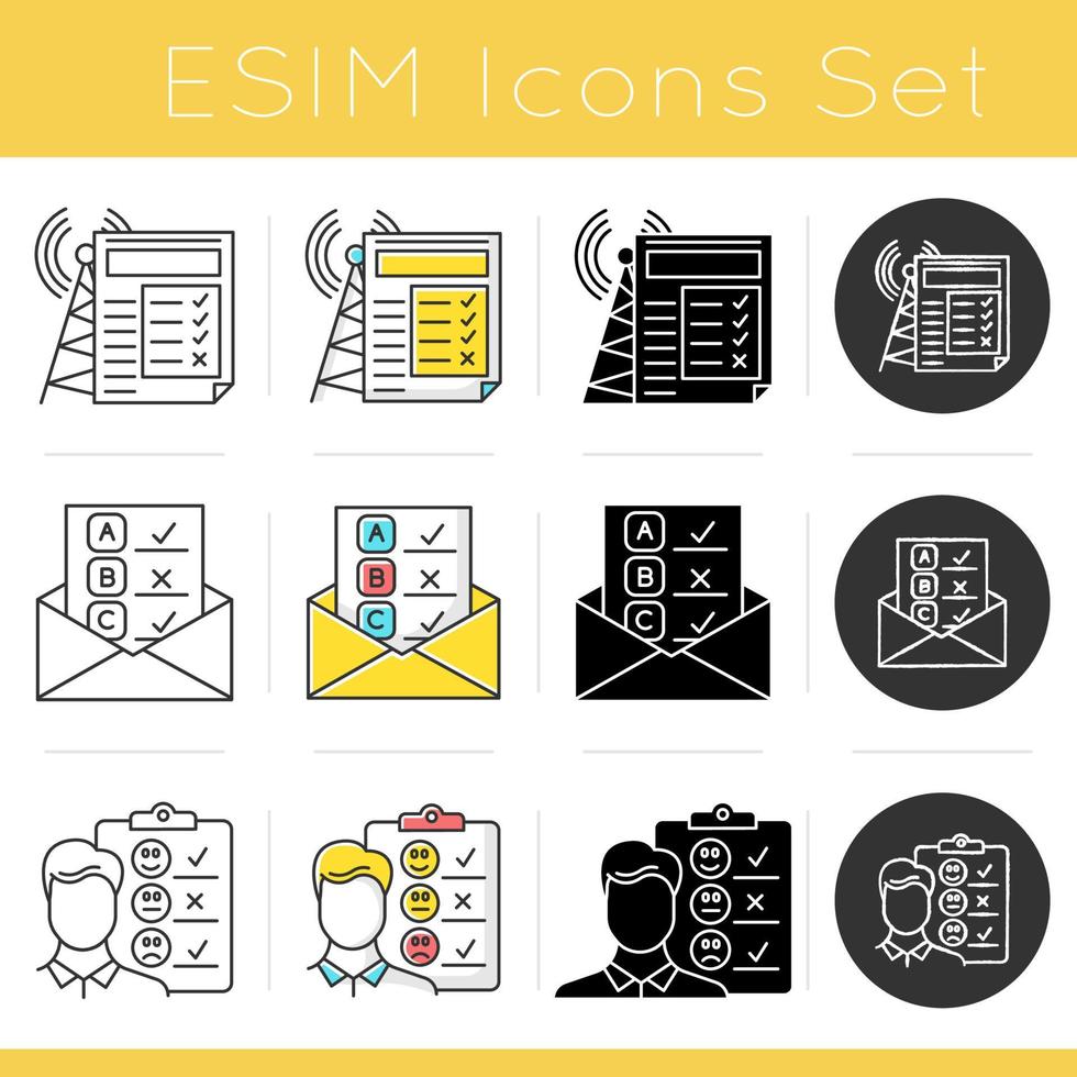 Survey methods icons set. Email, internet connection poll. Interview. Emotional opinion. Customer review. Feedback. Glyph design, linear, chalk and color styles. Isolated vector illustrations